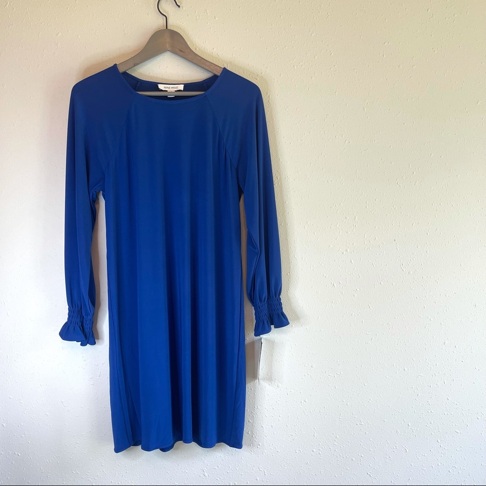 Nine West Crepe Shift Long Sleeve Blue Mini Dress Size 4 NWT